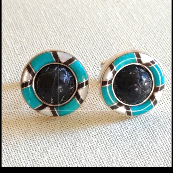 Vintage STERLING artisan made onyx and turquoise cuff links - Picture 4 of 8